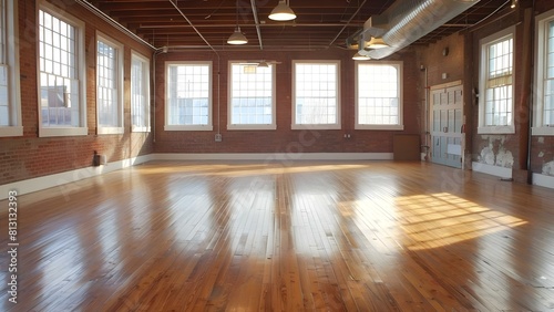 Empty dance fitness studio with loft design showcasing interior layout and decor. Concept Loft Design, Dance Fitness Studio, Interior Decor, Open Space, Modern Ambiance