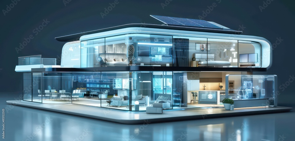 smart home modern design, interactive glass walls and a rooftop solar array.