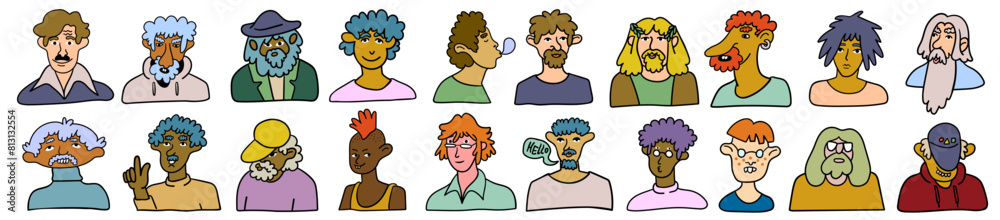 set guy character portrait in doodle style in vector. line art for avatar design sticker coloring postcard poster print set guy character portrait in doodle style in vector. line art for avatar design sticker coloring postcard poster print