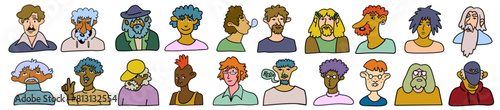 set guy character portrait in doodle style in vector. line art for avatar design sticker coloring postcard poster print