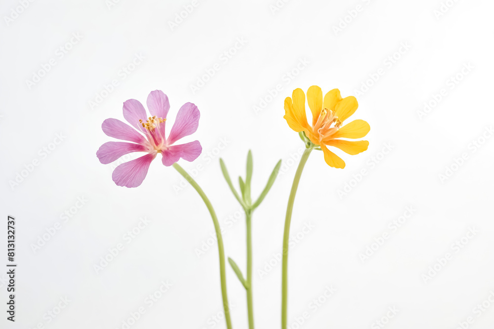Two colorful flowers, a purple and yellow pansy and a white daisy, on a white background Two colorful flowers, a purple and yellow pansy and a white daisy, on a white background