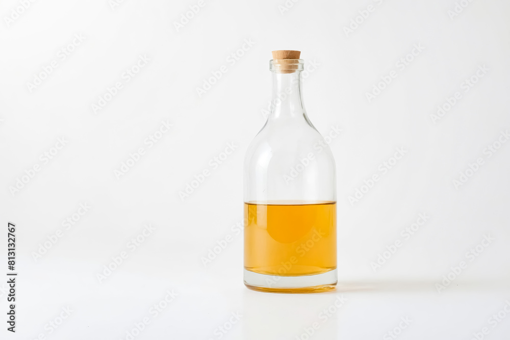 Glass bottle filled with yellow liquid, on white background