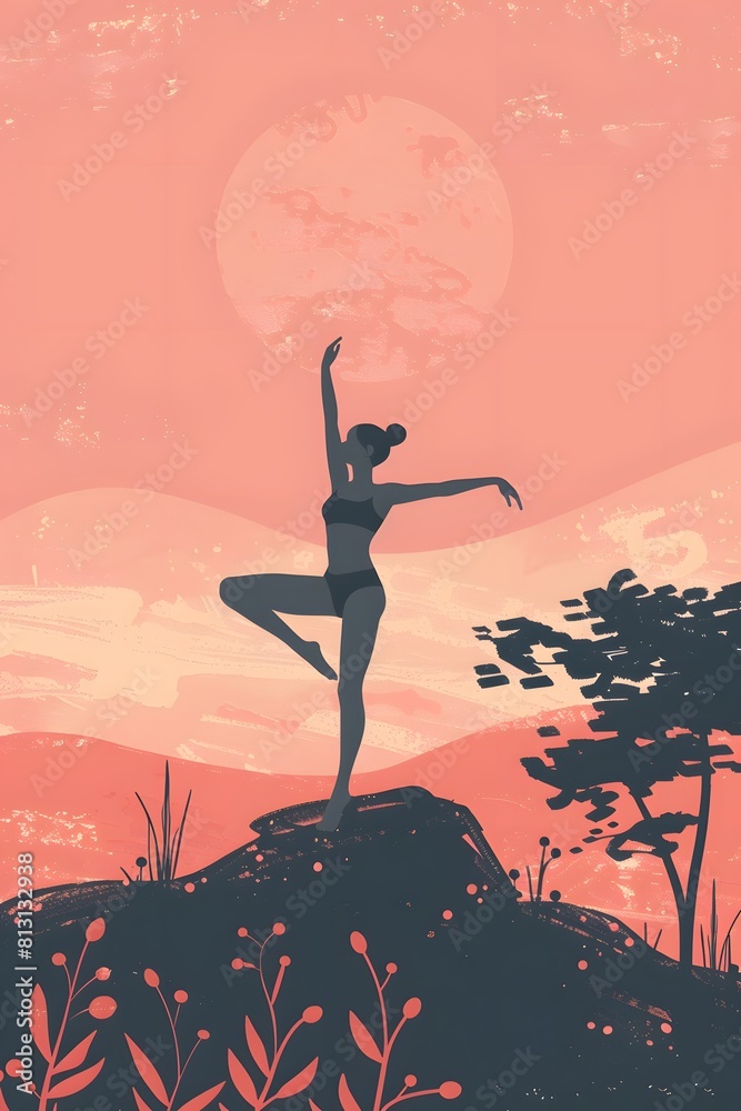 Obraz premium Vertical illustration of woman practice yoga at morning sunrise. Greeting card for International yoga day.