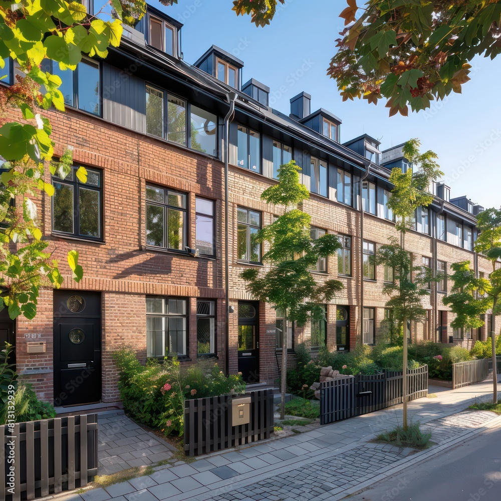 townhouse, architecture aligned in rows and embodying the principles of new urbanism, classic industrial brick facades streets have many trees