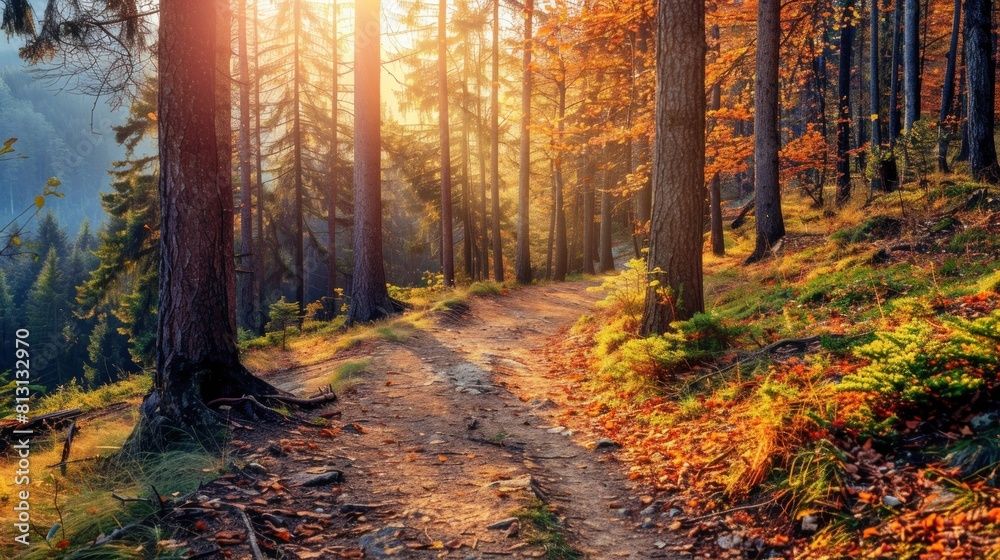 Beautiful autumn forest mountain path at sunset Beautiful autumn forest mountain path at sunset