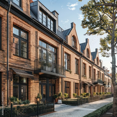 townhouse  architecture aligned in rows and embodying the principles of new urbanism  classic industrial brick facades streets have many trees