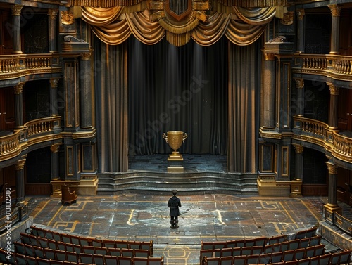 A dapper man is standing confidently in front of a grand stage in a prestigious theater, ready to accept an award for his outstanding performance.