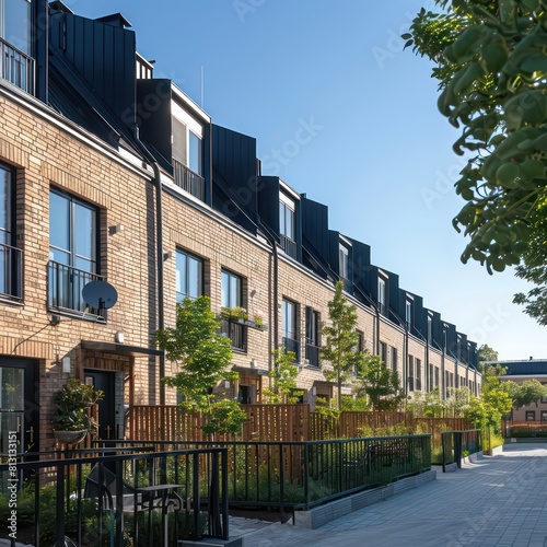 townhouse, architecture aligned in rows and embodying the principles of new urbanism, classic industrial brick facades streets have many trees photo