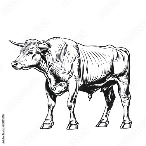 a bull in black line drawing on white background