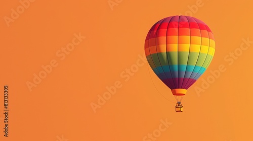 Colorful hot air balloons soar in the sky above a bright orange background. Balloons, bright colors create a sense of joy and excitement with copy space