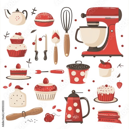  baking tools and ingredients, clip art illustrations on white background