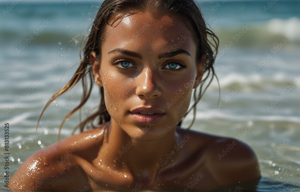 Close up Shot of A tanned supermodel with bright eyes in the ocean Close up Shot of A tanned supermodel with bright eyes in the ocean
