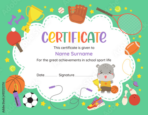 Cute sports achievement certificate of recognition. Fun design template with kawaii cartoon animal and flat vector sport icons. Perfect for celebrating young athlete success in elementary school. © Cute Design