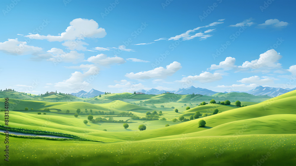 Rolling green hills under a clear blue sky, creating a picturesque and idyllic rural landscape