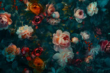 An intricate beautiful vintage floral wallpaper design with vibrant peonies, roses and other flowers in rich colors Detailed illustration with a dark background, features a symmetrical and elegant com
