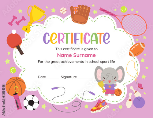 Fun sports certificate design template featuring kawaii cartoon character and vibrant sport icons. Perfect for celebrating young achievers athletic success in elementary school. Vector flat graphics. © Cute Design