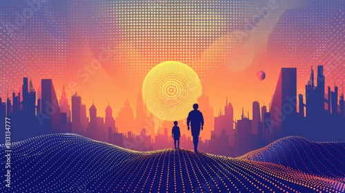 A father and sone stand in awe before a futuristic city photo