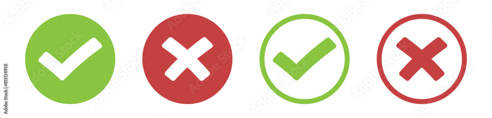 check mark icon button set. check box icon with right and wrong buttons and yes or no checkmark icons in green tick box and red cross. vector illustration check mark icon button set. check box icon with right and wrong buttons and yes or no checkmark icons in green tick box and red cross. vector illustration