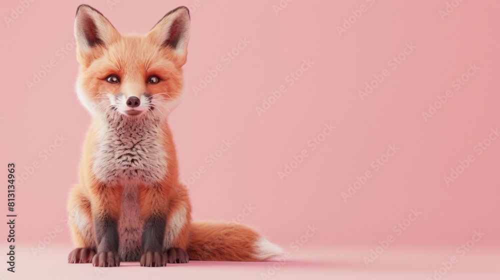 A cute little fox is sitting on a pink background with copy space