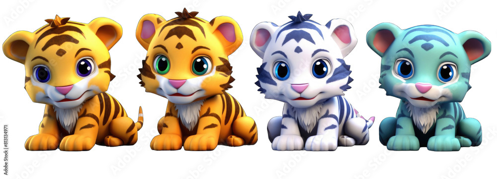 Fototapeta premium 3d four set of cute colorful cute tiger on white background