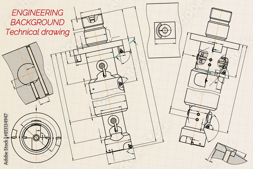 Mechanical engineering drawings on sepia background. Tap tools, borer. Technical Design. Cover. Blueprint. Vector illustration.