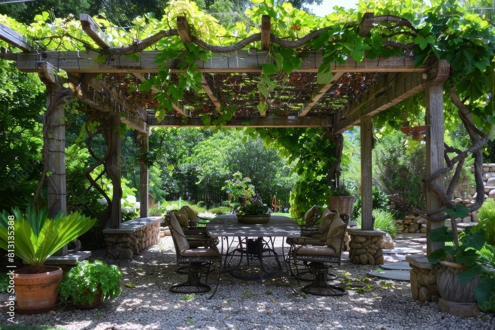 Cozy patio area with wrought iron furniture under a grapevine pergola in a lush garden