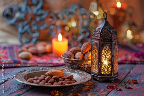 Warm and inviting still life scene of a traditional lantern casting soft light beside a plate of nuts, symbolizing celebration and warmth during Eid al-Adha
