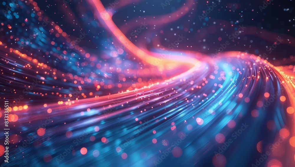 Obraz premium Fiber optic cables glowing with data flowing through them, representing the speed and blocks of an internet connection in the hyperrealistic style.