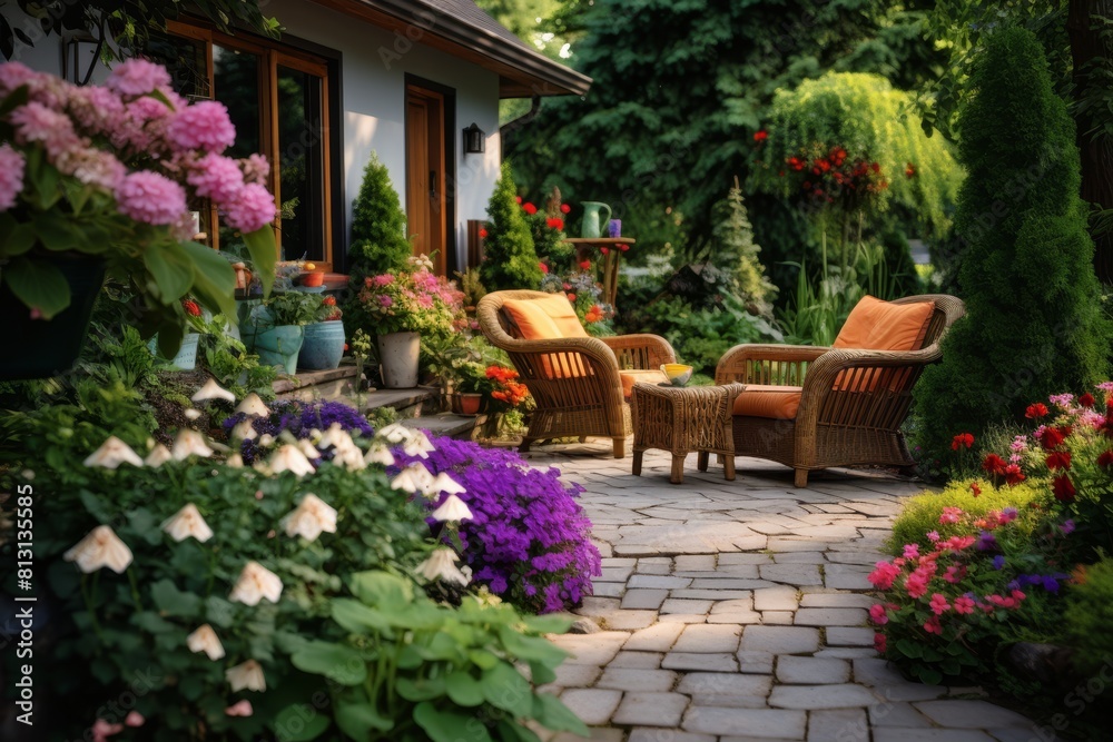 Cozy garden patio with wicker furniture and blooming flowers at sunset. Cozy garden patio with wicker furniture and blooming flowers at sunset.