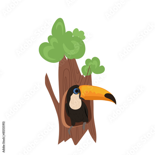 Cute toucan exotic bird sitting inside tree hollow vector illustration isolated on white background