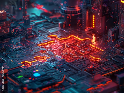 A mesmerizing close-up of a computer circuit board, showcasing intricate pathways and components coming together like pieces of a complex puzzle.