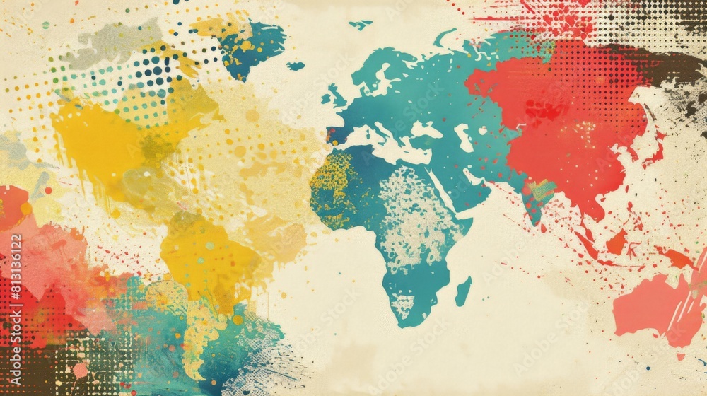 Colorful world map covered in vibrant paint splatters