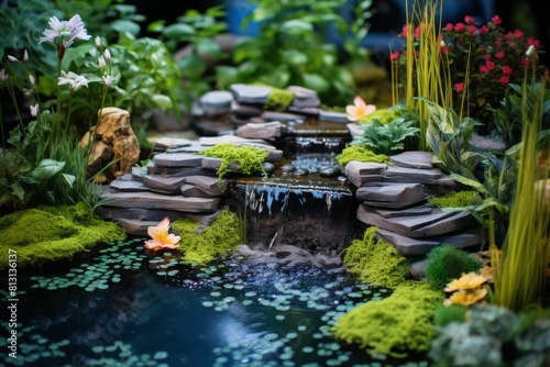 Peaceful garden pond with waterfall surrounded by lush greenery and flowers.