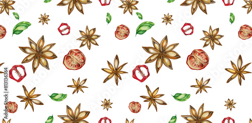 Seamless Pattern with Anise Stars, Tomato, Chili Pepper, Leaves Basil. Watercolor Illustration White Background. For Menus, Cookbooks, Recipes, Cafe Business Cards, Packaging, Kitchen Textiles. photo
