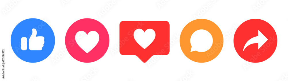 Like, comment, share icon buttons and Thumbs up and love heart flat icon in modern circle and speech bubble shapes , Social media notification icons. emoji post reactions set. Vector illustration