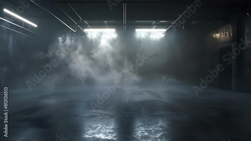Empty dark studio with misty lighting and black concrete floor background. Concept Dark Studio Setting  Misty Lighting  Concrete Floor Background