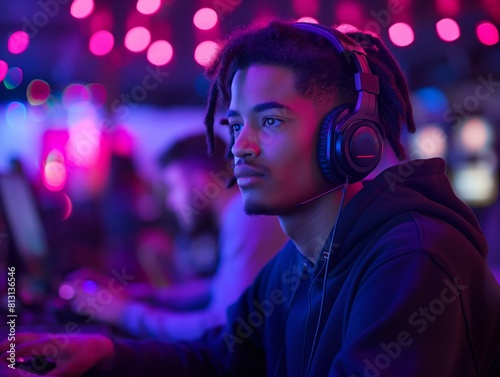 A man wearing headphones is playing a video game. The room is dimly lit and there are other people in the background. Scene is relaxed and focused, as the man is fully engaged in his game © MaxK