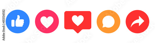 Like, comment, share icon buttons and Thumbs up and love heart flat icon in modern circle and speech bubble shapes , Social media notification icons. emoji post reactions set. Vector illustration