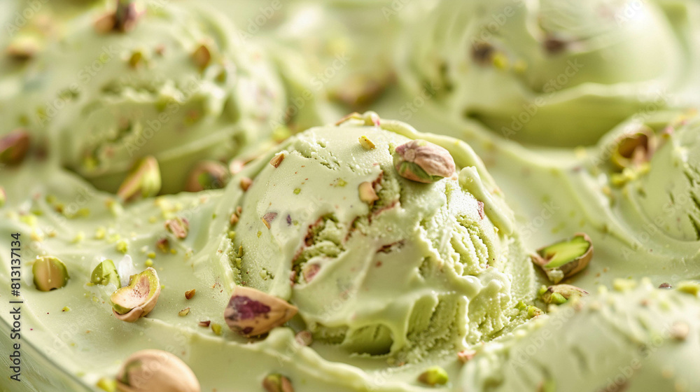 Delicious pistachio ice cream close-up Delicious pistachio ice cream close-up
