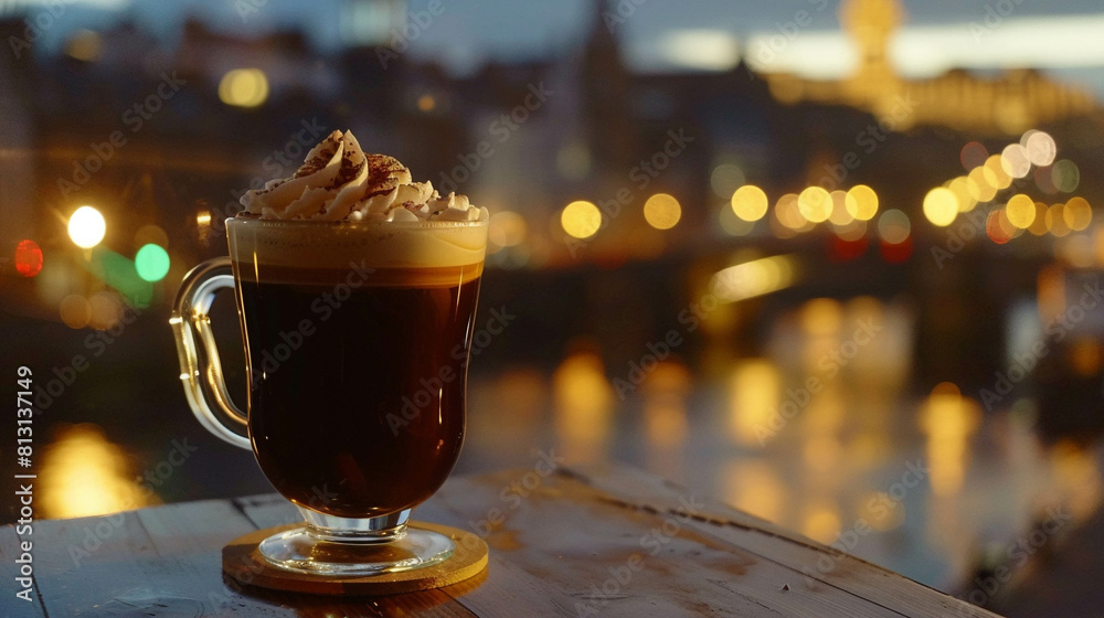 Irish coffee with blurred Dublin in the background Irish coffee with blurred Dublin in the background