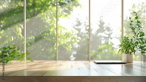 Perfect office location with a greenery view. Concept photo of working with a beautiful view. Clean wood table with a laptop