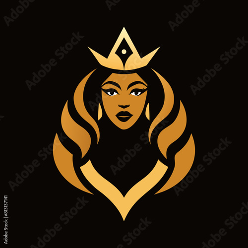 Golden Unique regal golden DUAFE hair royal black woman, DUAFE hair head, face view, closeup, business Logo Vector, Sphere style, Luxury, premium style logo, elegant vector logo, 