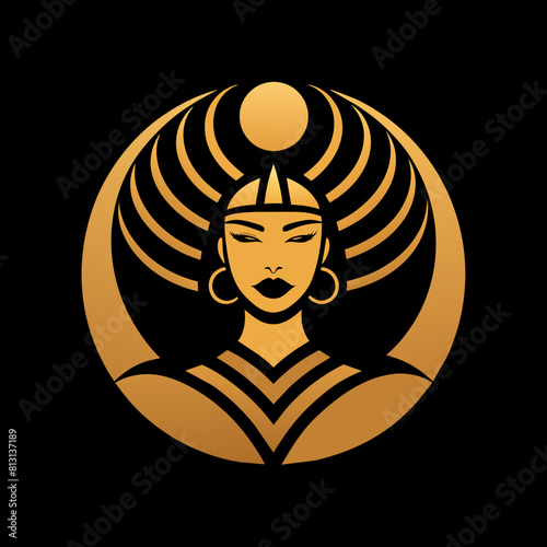 Golden Unique regal golden DUAFE hair royal black woman, DUAFE hair head, face view, closeup, business Logo Vector, Sphere style, Luxury, premium style logo, elegant vector logo, 