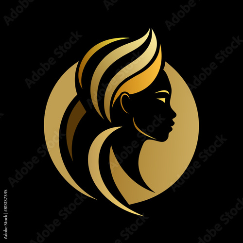 Golden Unique regal golden DUAFE hair royal black woman, DUAFE hair head, face view, closeup, business Logo Vector, Sphere style, Luxury, premium style logo, elegant vector logo, 