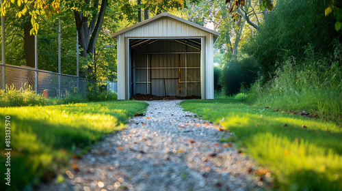 Empty vinyl-sided shed with a neat gravel path leading to it, the interior stark and unused under the midday sun.