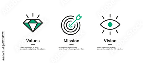 Mission, Vision, Values and Goals Icon Set. Target, Diamond, eye, icon symbol. company purpose flat icons. business creative concept with 3 steps. web page template
