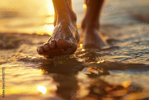 A close up capturing the delicate feet of a person submerged in tranquil water, creating ripples and reflections in a mesmerizing display of movement.