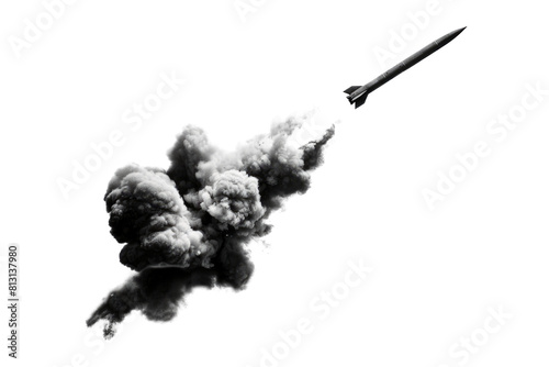 Black and white missile with smoke trail isolated on transparent background. photo