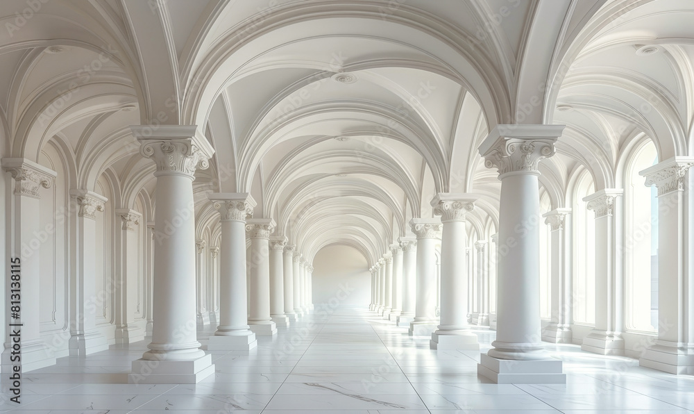 Serene Elegance of White Classical Architecture with Arches and Columns