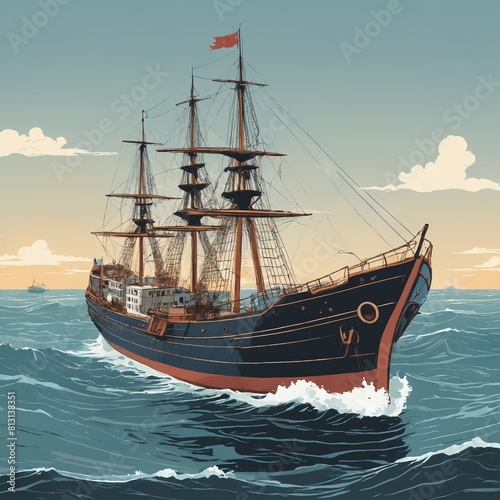 Nautical Splendor: Detailed Watercolor Illustration of a Ship © Andrey